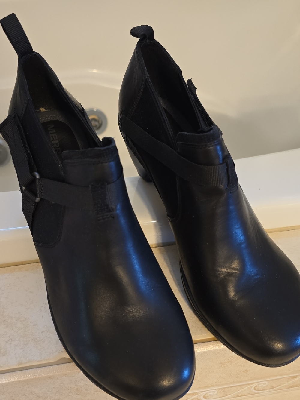 Merrell Black Leather Ankle Booties with Elastic Side Panels